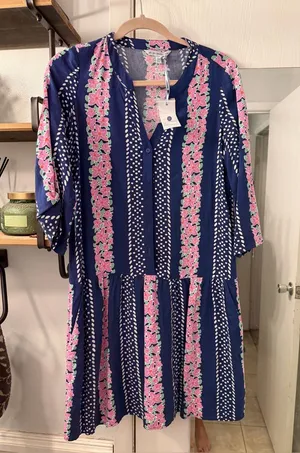 Southern Tide Navy Dress with Pink Floral & White Dot Accents thumbnail 1