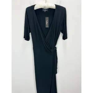 Lulus Forget Me Knot Black Midi Wrap Dress Stretch Jersey Knit Casual Medium NWT thumbnail 5