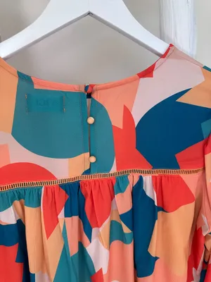 Vici Teal, Orange & Cream Abstract Balloon-Sleeve Blouse thumbnail 5