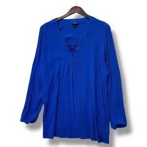 Torrid 2X Blue Lace-Up Crinkle‎ Gauze Blouse Top Minimalist Coastal Boho Resort thumbnail 2