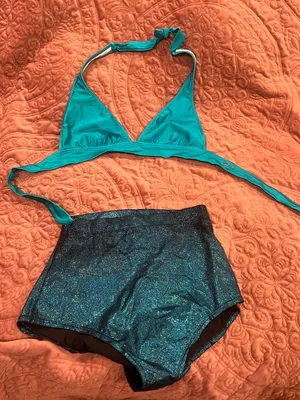 Teal Halter Bikini Top and Sparkle High-Waist Bottoms - Women Swim Bikini Set thumbnail 1
