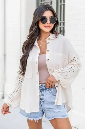 Pink Lily Keep Shining Cream Crochet Sleeve Gauze Sz Large Shacket thumbnail 1