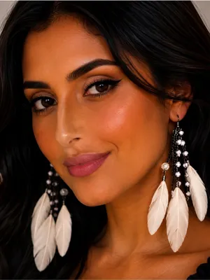 Boho Feather Dangle Earrings — Blush Pink Feathers & Rhinestones thumbnail 2