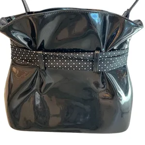 Beijo Black Vegan Patent Leather Paper Bag Handbag Polka Dot Scarf Twee Preppy thumbnail 6