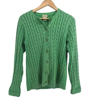 LL Bean Cardigan Womens Small Cable Knit Green Button Front 0HNR9 EUC thumbnail 1