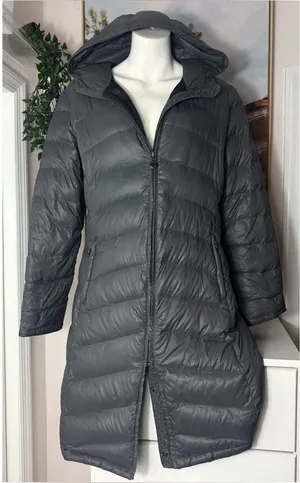 Calvin Klein Grey Duck Down Puffer Long Coat Packable Hooded Zip Size Large thumbnail 1