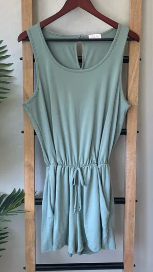 Pink Lily Sleeveless Sage Green Drawstring Waist Romper thumbnail 1