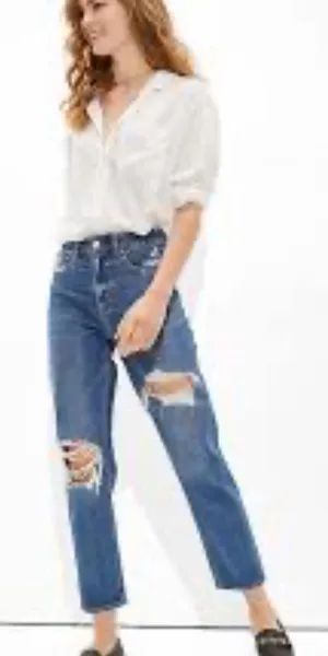 American Eagle Outfitters Women’s Stretch Mom Straight Distressed Jeans in Blue thumbnail 1