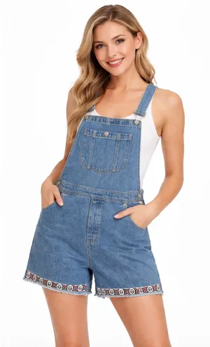Santa Barbara Denim Shortalls Womens Large Blue Peace Symbol Streetwear Y2K thumbnail 1
