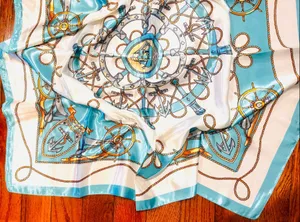 Vintage Square Sailing BOAT,WHEEL&Anchor 35/35 Oversized TEAL satin Silky SCARF thumbnail 7
