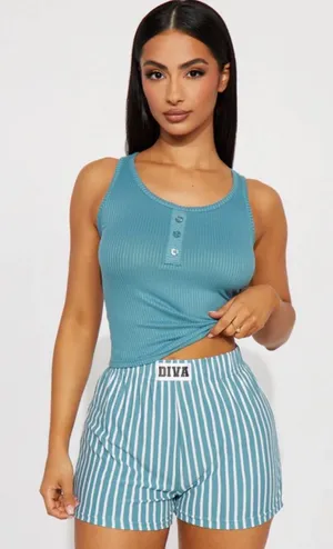 Diva Teal Ribbed Tank & Striped Shorts Set Green thumbnail 1