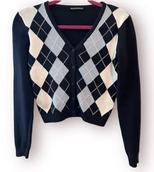 Brandy Melville Argyle V Neck Sweater Cardigan Blue White OS Cropped Preppy thumbnail 1