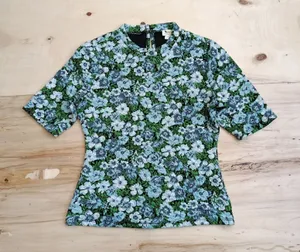 Maeve Anthropologie Floral High Neck Top Blue Green Jacquard Short Sleeve Small thumbnail 1