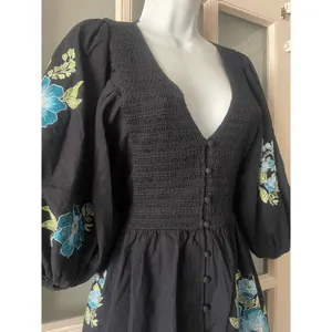 ASOS DESIGN cotton poplin embroidery shirred bodice mini dress in black thumbnail 8