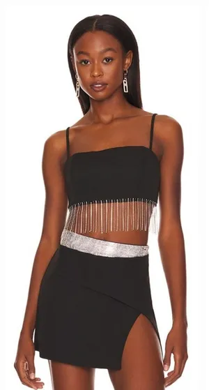 Superdown Irina Crystal Fringe Top in Black XS thumbnail 1