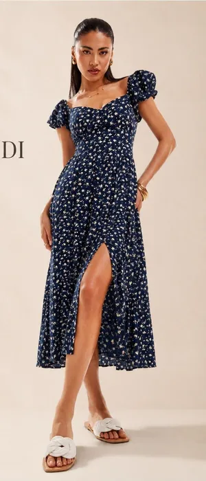Hollister Navy Floral Puff-Sleeve‎ Midi Dress with Side Slit thumbnail 1