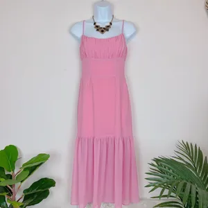 Bellevue Cassandra Pink Pleated Chiffon Casual Summer Midi Dress Wedding Guest thumbnail 2