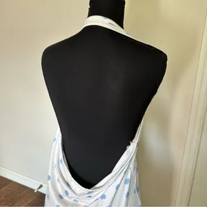 Y2K White Backless Halter Dress with Blue Flowers XL thumbnail 5