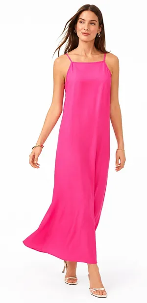 Vince Camuto M Hot Pink Rayon Maxi Slip Dress Square Neck Side Slit 55” Vacation thumbnail 1