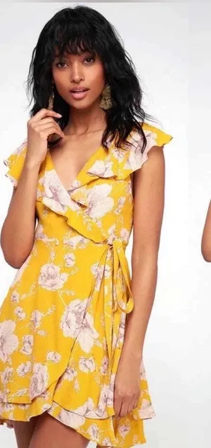 Free People Yellow Floral Wrap Mini Dress thumbnail 1