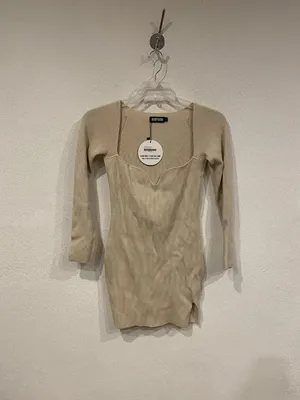 BABYBOO Nada Dress Womens Large Beige Knit Bodycon Mini 3/4 Sleeve thumbnail 3