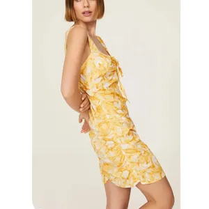 Louna Yellow Floral Ruched Mini Slip Dress XS Cotton Vacation Designer $200 thumbnail 4