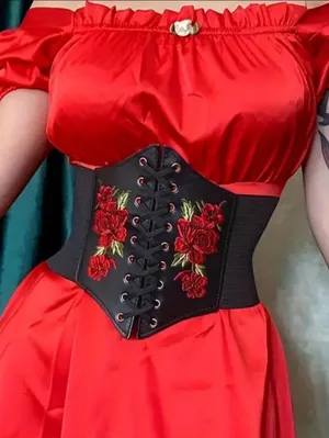 Black Floral‎ Embroidered Waist Elastic Corset Belt One Size thumbnail 6