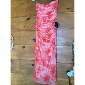 NWT Lulus Late Night Crush Orange Multi Mesh Ruched Strapless Midi Dress Gala XS thumbnail 2