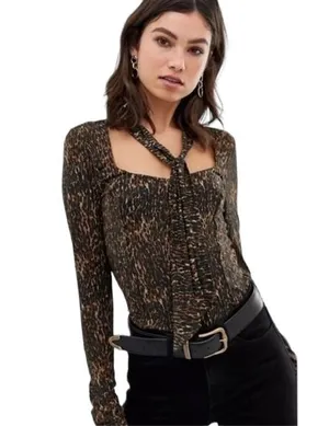 Free People Square Neck Copper Animal Print Pullover Tie Neck Long Sleeve Top Xs thumbnail 1