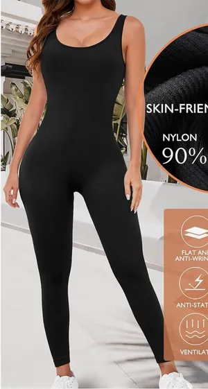 AURUZA Workout Jumpsuit for Women, Seamless Ribbed Yoga Unitard, Square Neck thumbnail 1