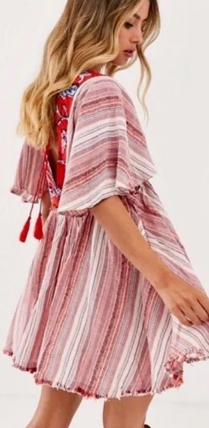 Free People Under The Sun Tunic Dress Floral Striped Red Rome thumbnail 2