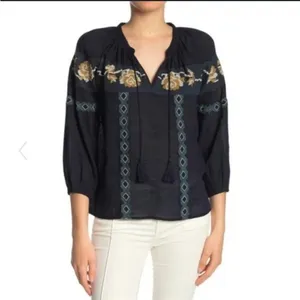 Lucky Brand Embroidered Boho Peasant Blouse Tie Neck M thumbnail 2
