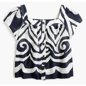 ✨J.Crew Point Sur Ratti Wave Navy Blue White Button Front Poplin Sz XS Top✨ thumbnail 3