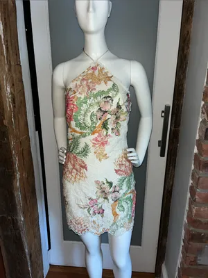 HEMANT & NANDITA White Halter Mini Dress with Pink & Green Floral Embroidery thumbnail 2