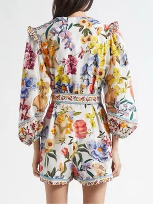 Farm Rio Greek Garden Long Sleeve Plunge Neck Cotton Romper S thumbnail 7