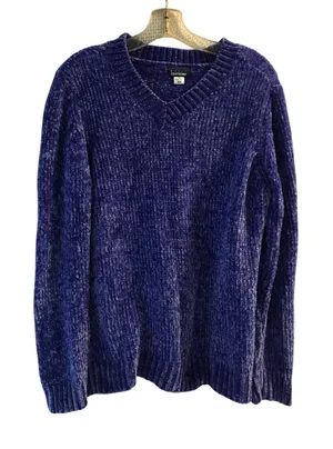 Basic Editions Sweater Women's Chenille V-Neck Knit‎ Blue Size M y2k soft thumbnail 1