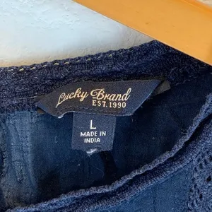 Lucky Brand | L | Navy Patterned Lace Accent Cotton Boho Peasant Shirt Top thumbnail 6