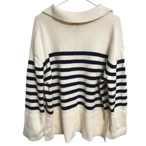 Gap 24/7 Split-Hem Polo Sweater Navy Cream Stripe Oversized Coastal Nautical L thumbnail 3