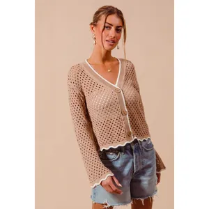 SO‎ ME Open Knit Light Weight Sweater Cardigan With Contrast Wavy Scallop Edge L thumbnail 3