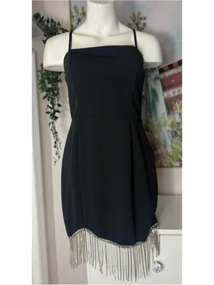 Trixxi Black Silver Rhinestone Chain Fringe Mini LBD Dress Size Large thumbnail 3