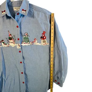 Vtg Christmas Snowman Shirt Chambray Denim Holiday Button‎ Down Top S Festive thumbnail 6