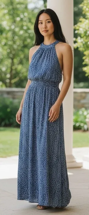 Pinch Women's Size Small Sleeveless High Neck Maxi Dress Blue White Dots Elastic thumbnail 1