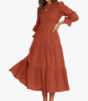Women’s Long Sleeve Tiered Maxi Dress — Rust Crew Neck Fall Size Medium New thumbnail 1