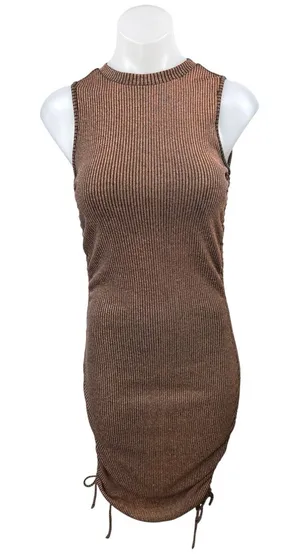 DNT Brown Metallic Rib Knit Sleeveless Ruched Tie Cami Midi Bodycon Tank Dress S thumbnail 1