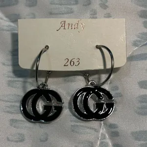 Andy Black Silver Double G Logo Hoop Dangle Earrings Statement Jewelry thumbnail 1