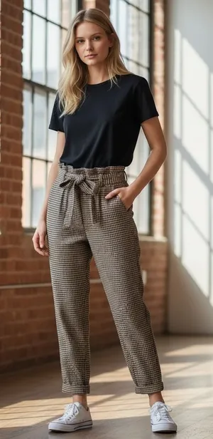 SO Houndstooth Pants Womens Small Brown Excellent Paperbag Waist Tie Belt Cuffed thumbnail 1