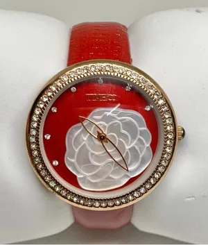 Timeco women’s watch floral dial rose gold tone 40mm red leather band running thumbnail 1