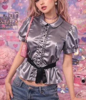 Vintage Y2K Futuristic Metallic Silver Gray Blouse Cyber Fairy Grunge Glam Small thumbnail 1