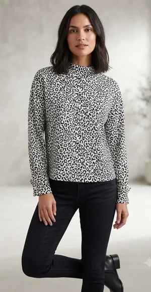Ann‎ Taylor Top Women Small Black White Leopard Print Mock Neck Button Cuff Chic thumbnail 1