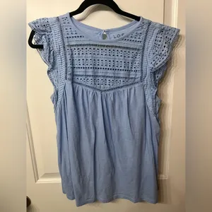 Loft Smocked Blue Blouse with Eyelet Lace Flutter Sleeves Sz L EUC Lt Blue thumbnail 4